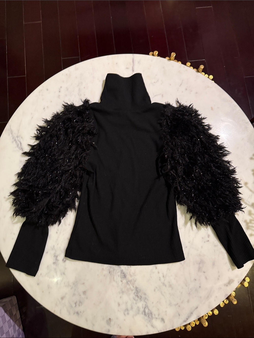 SHEIN Black Feather Puff Sleeve Turtleneck Top